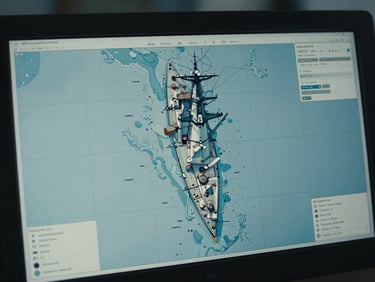 Overhead view of a detailed nautical chart with overlaid digital threat intelligence on a monitor, command center setting, cool tones, 35mm cinematic maritime photography.