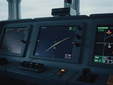 Close-up of advanced marine navigation equipment and a radar screen in a modern command center, cool blue lighting, sharp focus, 35mm cinematic maritime photography.