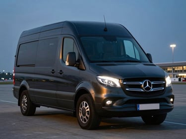 Luxury black Mercedes Sprinter van parked on an airport tarmac, clean lighting, premium automotive photography