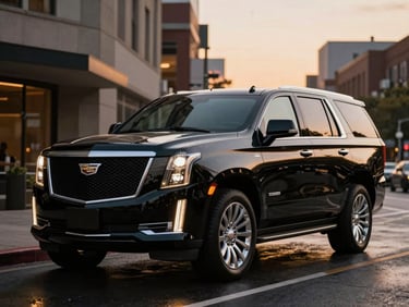 Polished black Cadillac Escalade on a wet city street at dusk, golden-hour highlights, premium automotive photography