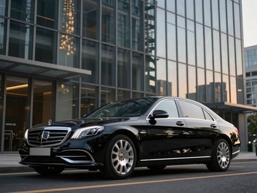 Sleek black Mercedes S-Class parked in front of a modern glass skyscraper, crisp reflections, premium automotive photography