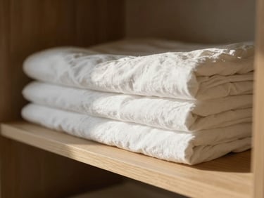 Close-up of crisp folded white linen sheets resting on a minimalist wooden shelf, soft shadows, warm morning daylight