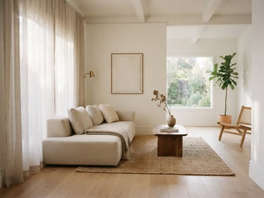 Soft morning sunlight illuminating a perfectly arranged minimalist living room with clean linen curtains and pristine wooden floors, architectural 35mm photography
