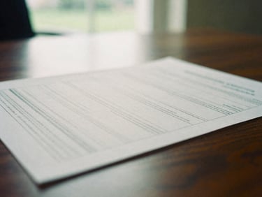 Macro close-up of a physical financial report resting on a dark oak boardroom table, soft natural overcast light through a window, 35mm film grain