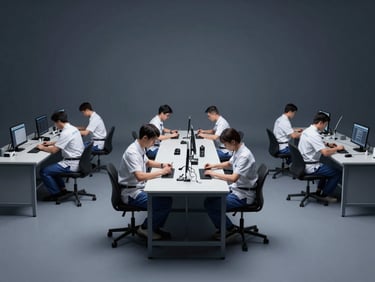 Wide, clean workshop environment with professional technicians in clean, branded attire assembling workstations, high contrast