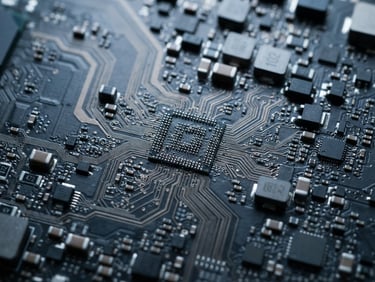 Extreme macro close-up of a high-end laptop motherboard under cool studio lighting, showing precise solder lines and microchips with subtle blue and grey undertones.
