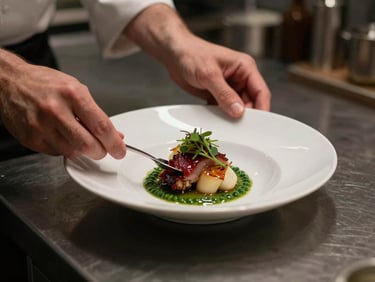 Close-up of a chef's hands plating a dish in a cozy, scandinavian-style restaurant kitchen, moody side-lighting, shallow depth of field.