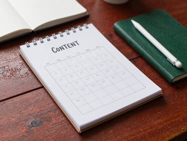 Overhead shot of a rustic wooden table with a hand-drawn content calendar, a notebook, and a stylus, natural Scandinavian daylight, shallow depth of field.