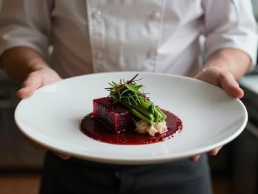 Warm editorial photography, soft Scandinavian daylight, rich crimson and forest green tones, shallow depth of field, 35mm. A chef presenting a beautifully plated seasonal dish, moody lighting, focus on the dish, blurred kitchen background.