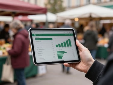 A tablet displaying social media analytics with a blurred background of a bustling local food market, natural daylight, shallow depth of field.