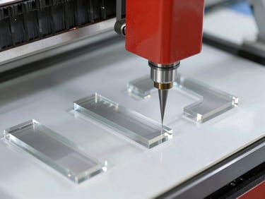 Macro detail shot of a CNC machine cutting a precise acrylic letter edge, bright industrial workshop lighting, sharp focus on materials