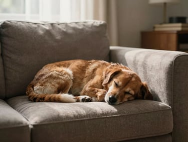 A small dog curled asleep on a couch cushion in a softly lit living room, warm afternoon light through sheer curtains, peaceful and undisturbed, caregiver's hand resting nearby on the armrest