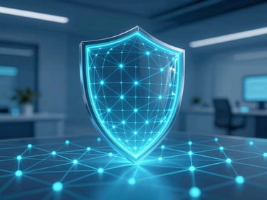 Abstract illustration of a digital shield protecting a network grid, glowing cyan lines, cool blue ambient lighting, sharp focus, 35mm