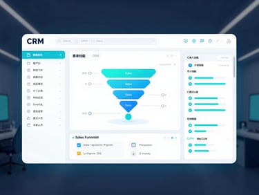 Technical illustration of a CRM interface showing customer data, sales funnels, and communication logs, structured grid, glowing cyan accents