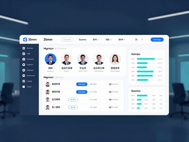 Technical illustration of a digital HR dashboard with employee profiles and data metrics, clean lines, cool blue and cyan lighting