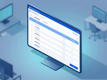Technical illustration of an asset management dashboard with inventory tracking and maintenance schedules, isometric view, precise details