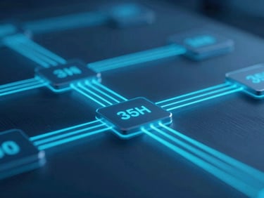 Close-up of data flowing between abstract business process blocks, glowing cyan lines, cool blue ambient lighting, sharp focus, 35mm