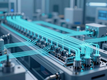 Abstract technical illustration of data flow in a manufacturing plant, with subtle glowing cyan lines, cool blue ambient lighting, sharp focus, 35mm