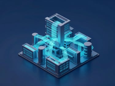 Isometric diagram of a stable, interconnected network infrastructure, glowing cyan lines, cool blue ambient lighting, sharp focus, 35mm