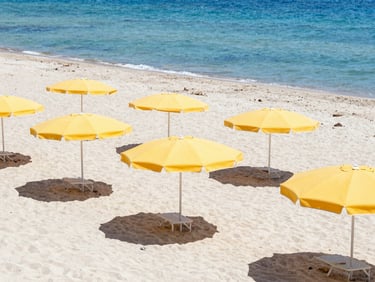 Wide overhead shot of yellow beach umbrellas on a clean sandy beach in Bulgaria, bright high-key natural sunlight