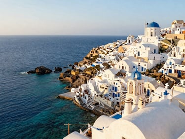 Whitewashed coastal Greek architecture overlooking a crystal-clear turquoise sea, warm golden hour light, editorial travel style