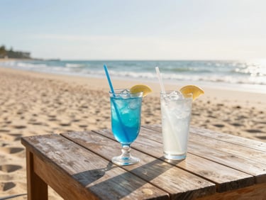 Close-up of a wooden beach table with refreshing drinks, sandy beach and sea in the background, warm golden hour light