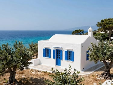 Charming traditional Greek villa with blue shutters surrounded by olive trees, overlooking the turquoise sea, bright daylight
