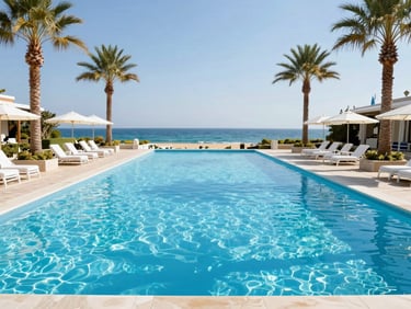 Sun-drenched luxury resort pool in Antalya, palm trees reflecting in crystal-clear water, white sunbeds, bright coastal photography
