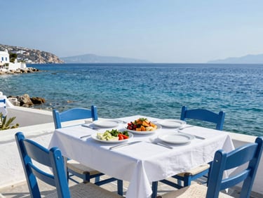 A peaceful Greek tavern table set with fresh Mediterranean food on a terrace overlooking a quiet blue bay, bright sun