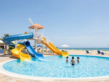 Sunny Beach family resort with colorful water slides, kids playing in a shallow pool, bright summer day