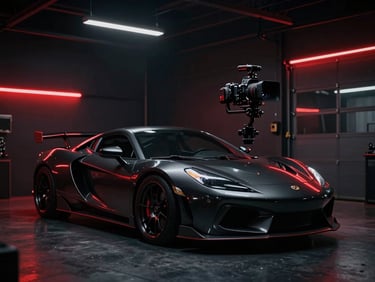 A camera mounted on a professional gimbal filming a modified sports car inside a dark, atmospheric garage, red neon accents, cinematic 35mm
