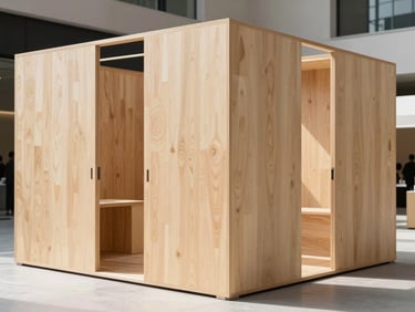 A modern exhibition stand made of clean architectural plywood panels, bright event lighting
