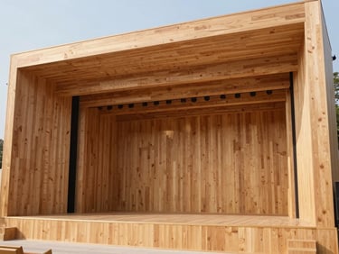 Large-scale wooden structural build for a concert stage, clean geometric lines, outdoor daylight
