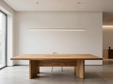 Minimalist office interior with a large custom solid oak conference table, architectural lighting