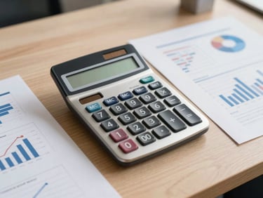 A clean modern calculator next to neat financial charts on a light wooden table, soft shadows