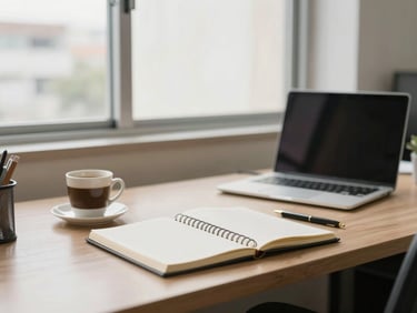 An organized modern workspace in Brazil, clean desk with a notebook and a coffee cup, bright daylight from a window, professional atmosphere