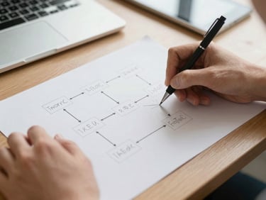 Close-up of hands sketching operational workflows on paper, warm natural daylight, professional desk setting