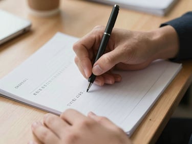 Close-up of hands writing numbers on a clean paper ledger, soft natural light, professional wooden desk, 35mm photography