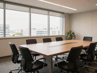 A bright, modern Brazilian meeting room with large windows, empty chairs, clean and organized workspace