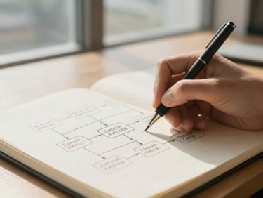 Close-up of hands sketching a workflow diagram on a clean paper notepad, natural window light, professional office setting, warm sand tones