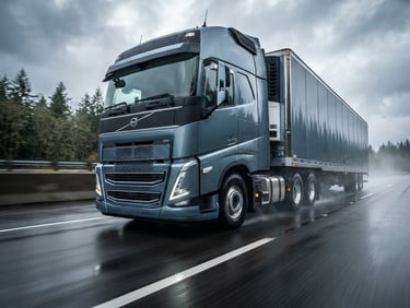 Low-angle heroic tracking shot of a modern heavy commercial truck in motion on a wet asphalt highway, high-contrast overcast daylight, sharp metallic reflections, cool slate tones, 35mm lens