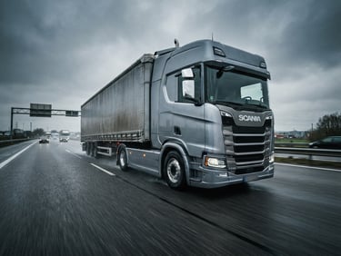 Low-angle heroic wide shot of a modern commercial truck in motion on an overcast highway, cold metallic reflections, sharp details, 35mm lens