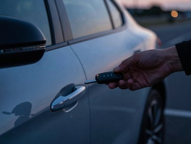 Close-up of car keys being handed over next to a clean, polished vehicle door contour, dramatic twilight street lighting, sharp focus, 35mm lens