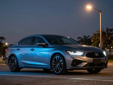 Low-angle heroic shot of a clean modern sedan parked under dramatic twilight Orlando streetlights, electric blue reflections on the metallic body, sharp focus, 35mm lens