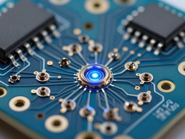 Macro close-up of high-density printed circuit board, clinical blue laser light reflecting off metallic solder joints, sharp technical focus, 50mm lens
