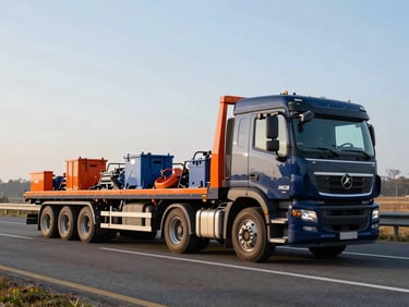 Modern flatbed truck securely loaded with industrial equipment, crisp morning light, wide environmental shot on a highway.