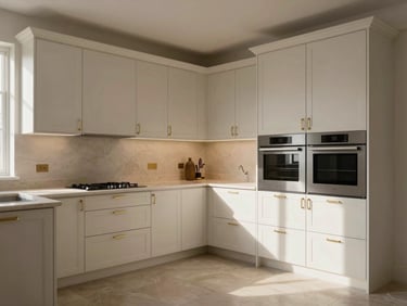 Eye-level environmental shot of a U-shaped kitchen with three walls of floor-to-ceiling cabinetry, even north-facing natural light, integrated oven and refrigerator panels flush with cabinet fronts, pale stone worktop, matte brass hardware detail, no people, wide architectural frame