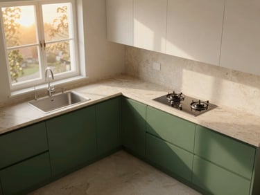 Overhead study of an L-shaped modular kitchen, warm golden-hour light entering from a corner window, continuous stone worktop wrapping the L, deep-green lower cabinets with integrated handles, white upper cabinets, no people, clean architectural framing