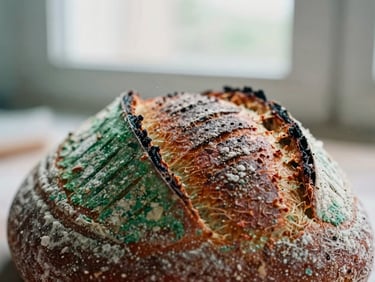 Close-up macro shot of raw sourdough bread being scored by a baker, flour dusting the air, soft natural light, shallow depth of field, 35mm film.