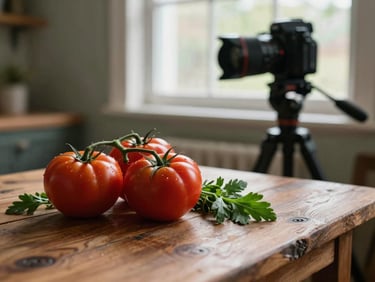 A professional camera setup on a tripod over a rustic wooden table featuring fresh heirloom tomatoes and dark green herbs, warm ambient indoor light, editorial food photography style.